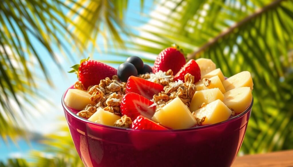 A lush, sun-drenched Brazilian landscape sets the stage for a vibrant, artfully arranged Brazilian açaí bowl. In the foreground, a deep purple açaí purée forms the base, topped with an array of fresh tropical fruits - sliced bananas, juicy pineapple chunks, and vibrant red strawberries. Sprinkled throughout are crunchy granola clusters and a dusting of shredded coconut. The bowl is illuminated by warm, natural lighting, casting a soft glow and highlighting the bowl's textures and colors. In the background, a hint of verdant palm fronds and a clear blue sky create a serene, idyllic atmosphere, transporting the viewer to the heart of Brazil's healthy food culture.