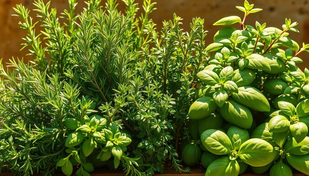 A lush, vibrant arrangement of aromatic herbs, including fresh rosemary, thyme, oregano, and basil, artfully displayed against a natural, earthy backdrop. The herbs are bathed in warm, golden sunlight, casting soft shadows and highlighting their vivid green hues and delicate textures. The composition is balanced and visually appealing, with the herbs positioned in a way that showcases their individual characteristics and the harmony of the overall display. The scene evokes a sense of culinary inspiration and the inviting aroma of a well-stocked kitchen garden.