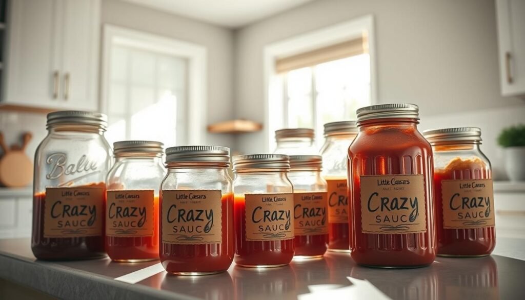 A modern, well-lit kitchen counter showcases a collection of homemade "Crazy Sauce" jars in various sizes. The jars have a rustic, homemade appearance, with handwritten labels and vintage-inspired lids. Sunlight streams in through a nearby window, creating a warm, inviting atmosphere. The counter is clean and uncluttered, allowing the jars to take center stage. The overall scene conveys a sense of homemade authenticity and culinary delight, perfectly suited for the "Storage and Reheating Tips" section of the "Little Caesars Crazy Sauce Recipe: Easy Homemade Guide" article. A modern, well-lit kitchen counter showcases a collection of homemade "Crazy Sauce" jars in various sizes. The jars have a rustic, homemade appearance, with handwritten labels and vintage-inspired lids. Sunlight streams in through a nearby window, creating a warm, inviting atmosphere. The counter is clean and uncluttered, allowing the jars to take center stage. The overall scene conveys a sense of homemade authenticity and culinary delight, perfectly suited for the "Storage and Reheating Tips" section of the "Little Caesars Crazy Sauce Recipe: Easy Homemade Guide" article.