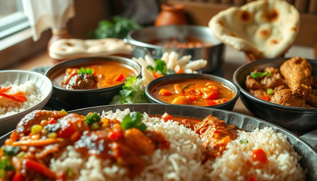 A mouthwatering array of international dishes, each a culinary masterpiece. In the foreground, a delectable Malaysian nasi goreng sizzles with fragrant spices, colorful vegetables, and tender chicken. Beside it, a hearty Mexican mole rests on a bed of fluffy white rice, the rich, complex sauce glistening invitingly. In the middle ground, a steaming pot of Italian minestrone soup, its broth a harmonious blend of savory tomatoes, robust herbs, and hearty vegetables. In the background, a vibrant Indian chicken masala dish dances with aromatic spices, accompanied by a fluffy naan bread. Soft, warm lighting illuminates the scene, casting a cozy, inviting atmosphere. Captured with a wide-angle lens to showcase the diverse global flavors.