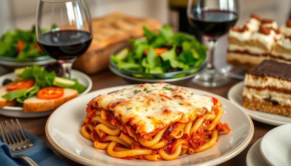 A mouthwatering baked ziti dish takes center stage, its layers of pasta, creamy ricotta, and melted mozzarella creating a comforting symphony. Surrounding it are an array of complementary pairings - a tossed green salad with a tangy vinaigrette, a crusty Italian bread for mopping up the savory sauce, a glass of robust red wine to enhance the flavors, and a decadent tiramisu for dessert. Warm, soft lighting illuminates the scene, while the camera captures the dish from a slightly elevated angle, showcasing its tempting presentation. The overall mood is one of cozy, Italian-inspired indulgence, inviting the viewer to savor every bite of this beloved comfort food classic.