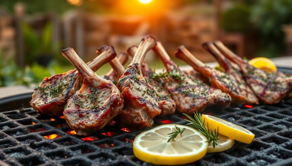 A mouthwatering scene of grilled lamb chops sizzling over an open flame, with a vibrant charcoal grill in the foreground. The tender, juicy meat is expertly seasoned with a blend of fragrant herbs and spices, creating an inviting aroma that fills the air. In the middle ground, a selection of fresh lemon wedges and sprigs of rosemary await, ready to be squeezed and garnished over the succulent lamb. The background features a rustic outdoor setting, with a backdrop of lush greenery and a warm, golden sunset lighting the scene, casting a cozy, natural glow over the entire composition.