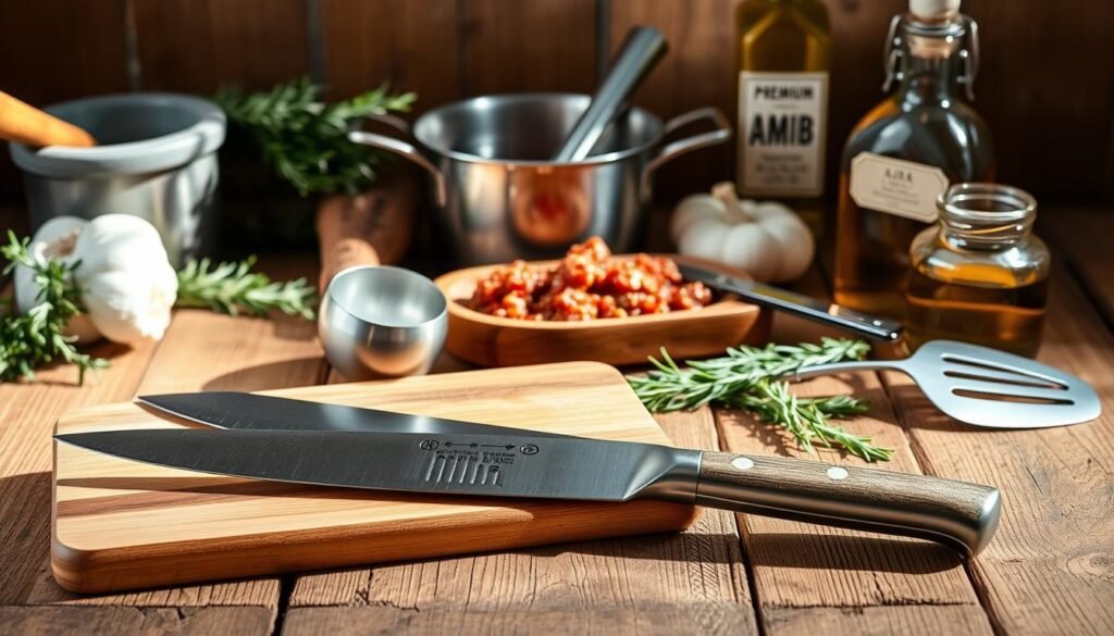 A neatly arranged tableau showcasing the essential kitchen tools for preparing a classic lamb ragu d'Abruzzo. In the foreground, a high-quality chef's knife, a wooden cutting board, and a stainless steel ladle sit atop a rustic wooden surface, bathed in warm, natural lighting. In the middle ground, a heavy-bottomed saucepan, a garlic press, and a sturdy spatula stand ready for the task. The background features a mortar and pestle, a bundle of fresh rosemary, and a glass jar of premium olive oil, evoking the flavors and aromas of the authentic Italian dish. The overall composition exudes a sense of culinary expertise and artisanal craftsmanship, perfectly suited to illustrate the "Kitchen Tools and Equipment Needed" section of the lamb ragu d'Abruzzo recipe.