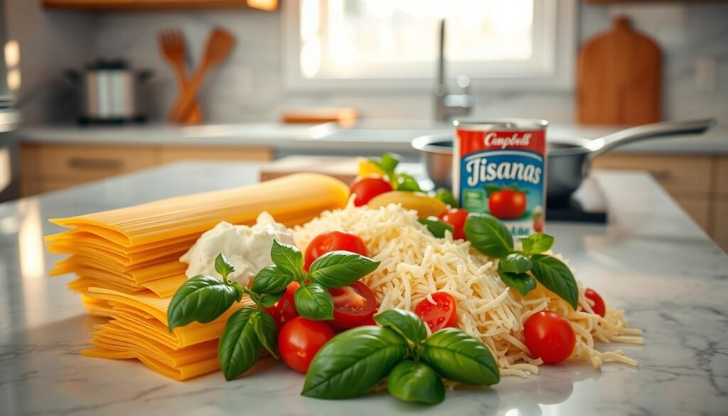 A pristine kitchen counter, illuminated by warm, natural light filtering through a nearby window. In the foreground, a harmonious arrangement of the key ingredients for an authentic baked ziti dish: fresh lasagna noodles, creamy ricotta cheese, shredded mozzarella, a can of crushed tomatoes, and aromatic fresh basil leaves. In the middle ground, a wooden spoon and a sauté pan, hinting at the preparation process. The background is softly blurred, allowing the viewer to focus on the flavorful ingredients that will come together to create a comforting, homemade baked ziti. A pristine kitchen counter, illuminated by warm, natural light filtering through a nearby window. In the foreground, a harmonious arrangement of the key ingredients for an authentic baked ziti dish: fresh lasagna noodles, creamy ricotta cheese, shredded mozzarella, a can of crushed tomatoes, and aromatic fresh basil leaves. In the middle ground, a wooden spoon and a sauté pan, hinting at the preparation process. The background is softly blurred, allowing the viewer to focus on the flavorful ingredients that will come together to create a comforting, homemade baked ziti.