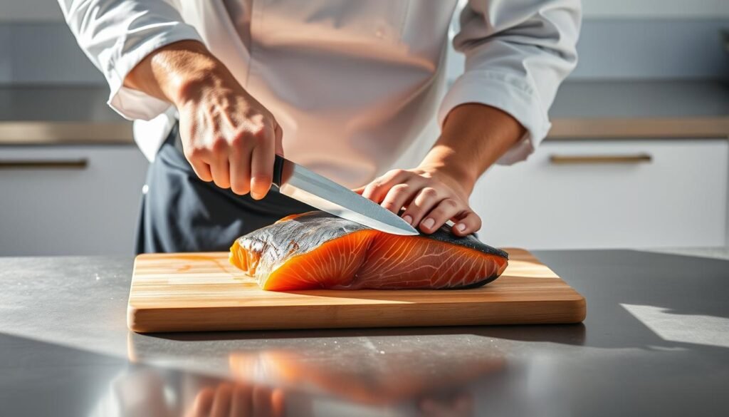 A professional chef standing at a stainless steel kitchen counter, skillfully using a sharp boning knife to carefully remove the skin from a fresh salmon fillet. The chef's hands are steady and precise, with the salmon situated on a clean wooden cutting board. Bright natural light floods the scene, casting dramatic shadows and highlights that accentuate the textures of the fish and the chef's technique. The background is a spotless, minimalist kitchen space, providing a clean, focused environment to showcase the intricate process of salmon skin removal.