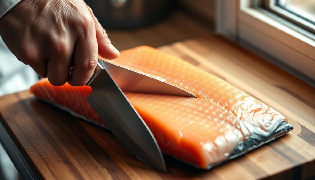 A professional chef's hand firmly gripping a sharp, stainless steel fillet knife, skillfully slicing through the delicate skin of a fresh, pink salmon fillet laid on a wood cutting board. The salmon's glistening scales catch the soft, natural lighting from a nearby window, creating a warm, inviting atmosphere. The knife's blade glides effortlessly, peeling the skin away in a single, continuous motion, revealing the succulent, orange-hued flesh beneath. The scene conveys a sense of culinary expertise and the precise, time-honored technique of removing salmon skin with a kitchen knife.