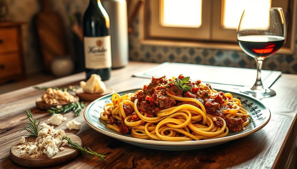 A rustic Italian kitchen counter, bathed in warm, golden light from a nearby window. On the surface, a platter of fresh-cooked lamb ragu pasta, accompanied by an array of artisanal ingredients - crumbled ricotta salata, a sprig of rosemary, and a glass of chilled Montepulciano d'Abruzzo wine. The pasta strands glisten with the rich, hearty sauce, inviting the viewer to indulge in the comforting flavors of this classic Italian dish. The overall scene exudes an air of authenticity and culinary expertise, perfectly capturing the essence of the "Lamb Ragu D'Abruzzo" recipe.