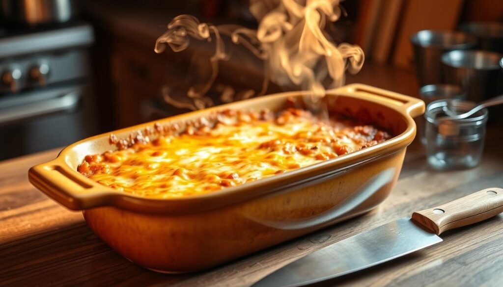A rustic ceramic casserole dish sits on a wooden kitchen counter, bathed in warm, golden lighting. The dish is filled with a hearty, cheesy Mexican-inspired casserole, steam gently rising from the bubbly, golden-brown surface. Surrounding the dish are essential kitchen tools - a large wooden spoon, a sharp chef's knife, and a set of measuring cups. The scene evokes a sense of homey, comforting kitchen preparation, perfect for a family-style Mexican white trash casserole dish.