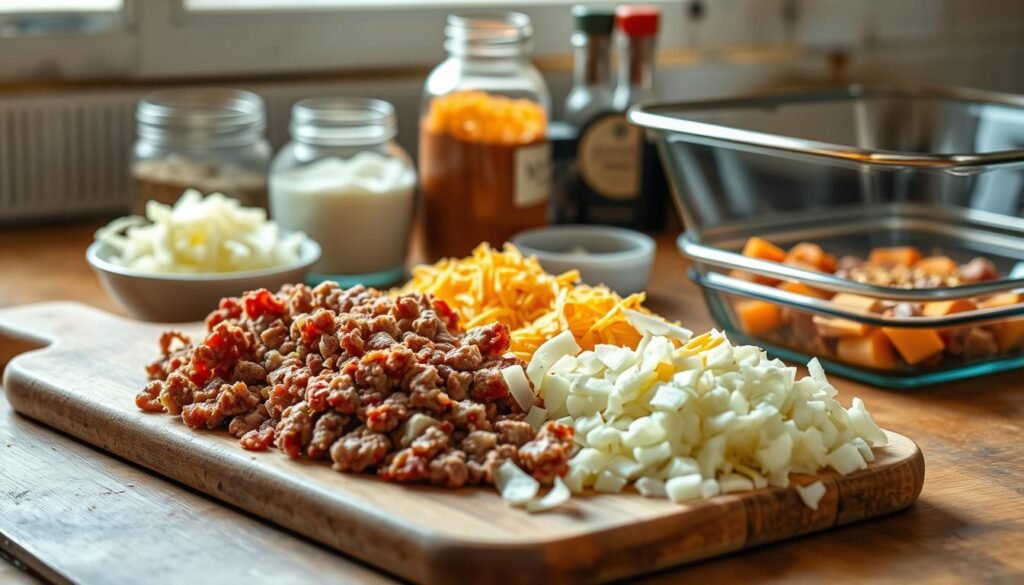 A rustic kitchen counter, softly lit by natural light, showcases an assortment of homemade piroshki filling ingredients. In the foreground, a wooden cutting board displays freshly chopped onions, garlic, and ground beef, all neatly arranged. In the middle ground, a stainless steel bowl overflows with shredded cheddar cheese, while a glass jar of sour cream stands nearby. In the background, a glass baking dish holds a savory blend of spices, including paprika, salt, and black pepper. The overall scene conveys a sense of warmth, authenticity, and the anticipation of a delicious homemade piroshki.