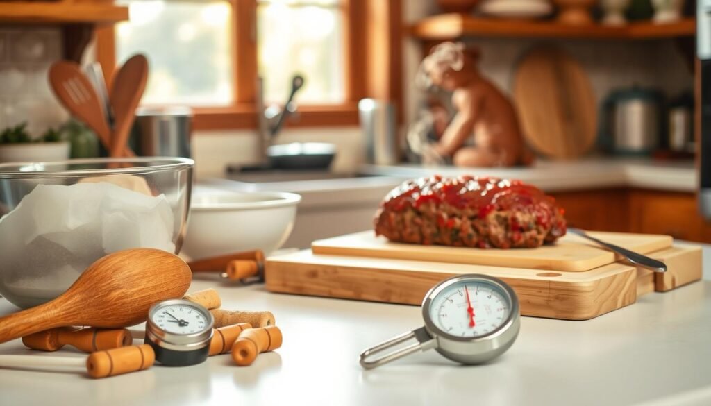 A rustic kitchen scene featuring an assortment of kitchen tools necessary for preparing a meatloaf recipe. In the foreground, an array of utensils including a mixing bowl, wooden spoon, and meat thermometer sit atop a clean, white countertop. The middle ground showcases a freshly baked meatloaf resting on a cutting board, steam rising gently from the top. The background features a warm, well-lit kitchen with natural light streaming in through a window, casting a soft glow over the scene. The overall mood is one of homey, comforting domesticity, inviting the viewer to imagine themselves preparing this classic dish in their own kitchen.