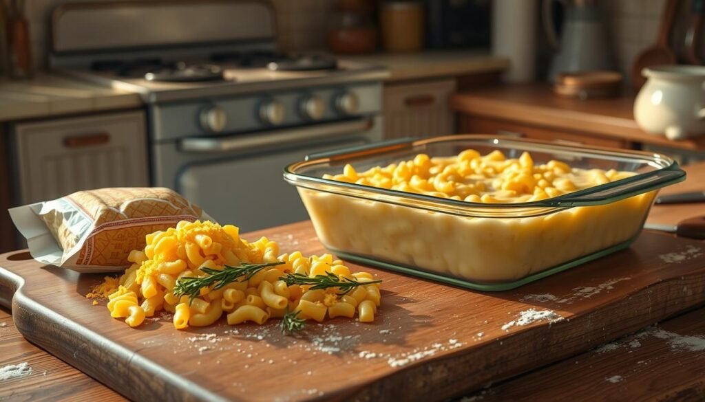 A rustic, old-fashioned kitchen scene filled with the key ingredients for baked macaroni and cheese. In the foreground, a worn wooden cutting board holds shredded cheddar cheese, a package of elbow macaroni, and a few sprigs of fresh thyme. In the middle ground, a glass baking dish filled with a creamy cheese sauce and partially cooked pasta stands ready for the oven. The background features a vintage stove, a flour-dusted countertop, and a few stray utensils, all bathed in warm, natural lighting that enhances the homey, nostalgic atmosphere. The overall composition evokes a sense of homemade comfort and traditional culinary craftsmanship. A rustic, old-fashioned kitchen scene filled with the key ingredients for baked macaroni and cheese. In the foreground, a worn wooden cutting board holds shredded cheddar cheese, a package of elbow macaroni, and a few sprigs of fresh thyme. In the middle ground, a glass baking dish filled with a creamy cheese sauce and partially cooked pasta stands ready for the oven. The background features a vintage stove, a flour-dusted countertop, and a few stray utensils, all bathed in warm, natural lighting that enhances the homey, nostalgic atmosphere. The overall composition evokes a sense of homemade comfort and traditional culinary craftsmanship.