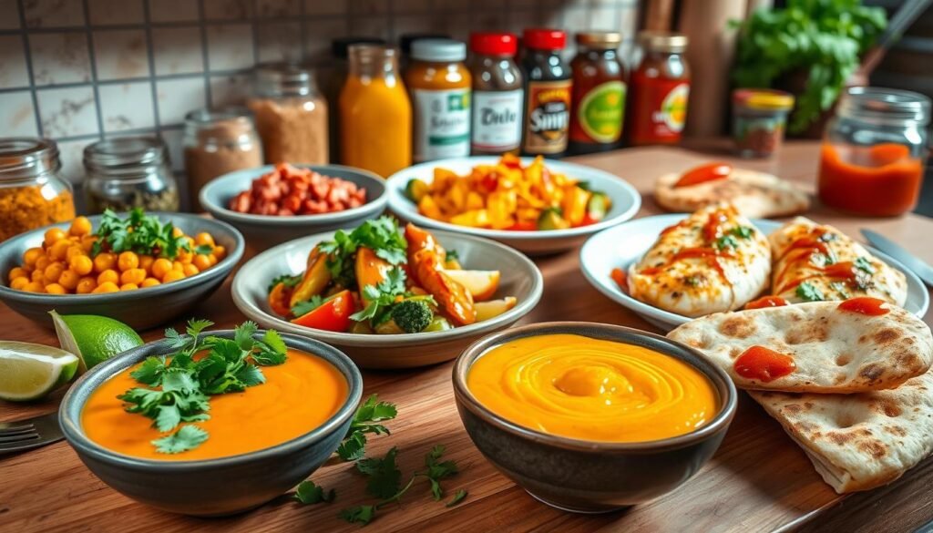 A rustic, well-lit kitchen counter showcases an array of vibrant homemade curry ketchup recipes. In the foreground, a bowl of creamy, aromatic curry ketchup is accompanied by freshly chopped cilantro, a squeeze of lime, and a side of toasted naan bread. In the middle ground, a variety of dishes like curried chickpea salad, roasted vegetable skewers, and grilled fish fillets are garnished with the fragrant curry ketchup. The background features jars of spices, herbs, and other condiments, creating a sense of a well-stocked, flavorful kitchen. The overall mood is warm, inviting, and celebrates the versatility of this homemade curry ketchup in elevating everyday meals. A rustic, well-lit kitchen counter showcases an array of vibrant homemade curry ketchup recipes. In the foreground, a bowl of creamy, aromatic curry ketchup is accompanied by freshly chopped cilantro, a squeeze of lime, and a side of toasted naan bread. In the middle ground, a variety of dishes like curried chickpea salad, roasted vegetable skewers, and grilled fish fillets are garnished with the fragrant curry ketchup. The background features jars of spices, herbs, and other condiments, creating a sense of a well-stocked, flavorful kitchen. The overall mood is warm, inviting, and celebrates the versatility of this homemade curry ketchup in elevating everyday meals.