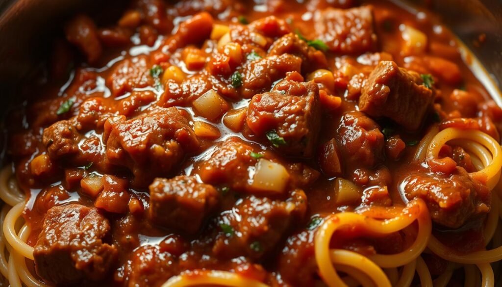 A savory, slow-simmered meat sauce glistens with a rich, velvety texture. Chunks of tender brisket mingle with fragrant onions, garlic, and herbs in a thick, tomato-based sauce. The aroma of simmering spices fills the air, hinting at the deep, complex flavors to come. A light, warm glow illuminates the scene, casting soft shadows that accentuate the sauce's sumptuous appearance. The sauce is poised atop a bed of al dente pasta, ready to be served as the star of this hearty, comforting dish. A savory, slow-simmered meat sauce glistens with a rich, velvety texture. Chunks of tender brisket mingle with fragrant onions, garlic, and herbs in a thick, tomato-based sauce. The aroma of simmering spices fills the air, hinting at the deep, complex flavors to come. A light, warm glow illuminates the scene, casting soft shadows that accentuate the sauce's sumptuous appearance. The sauce is poised atop a bed of al dente pasta, ready to be served as the star of this hearty, comforting dish.