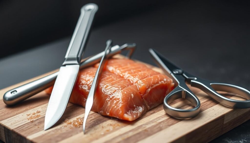 A set of stainless steel kitchen tools including a boning knife, fish tweezers, and a pair of sharp kitchen shears, arranged artfully on a wooden cutting board. The tools are positioned in the foreground, with a medium-light, slightly overhead lighting creating soft shadows and highlights that emphasize their shapes and textures. The background is slightly blurred, with a muted color palette suggestive of a professional kitchen or culinary workspace. The overall mood is clean, practical, and focused on the task of salmon skin removal.
