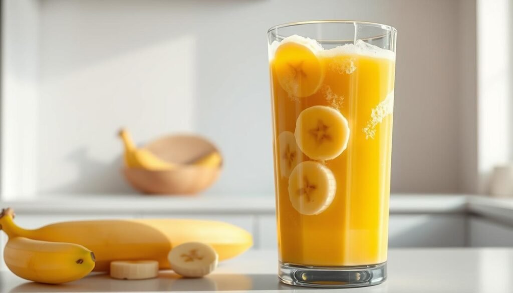 A smoothie blender filled with a vibrant, golden-yellow banana juice, swirling with frothy bubbles. Sliced bananas, fresh and ripe, float in the creamy liquid, creating a visually enticing and appetizing scene. The blender sits on a sleek, modern kitchen counter, with a minimalist, light-filled backdrop that enhances the natural colors and textures of the ingredients. Soft, diffused lighting casts a warm glow over the composition, highlighting the smooth, velvety consistency of the banana juice. The overall atmosphere is one of health, vitality, and a refreshing, indulgent treat. A smoothie blender filled with a vibrant, golden-yellow banana juice, swirling with frothy bubbles. Sliced bananas, fresh and ripe, float in the creamy liquid, creating a visually enticing and appetizing scene. The blender sits on a sleek, modern kitchen counter, with a minimalist, light-filled backdrop that enhances the natural colors and textures of the ingredients. Soft, diffused lighting casts a warm glow over the composition, highlighting the smooth, velvety consistency of the banana juice. The overall atmosphere is one of health, vitality, and a refreshing, indulgent treat.
