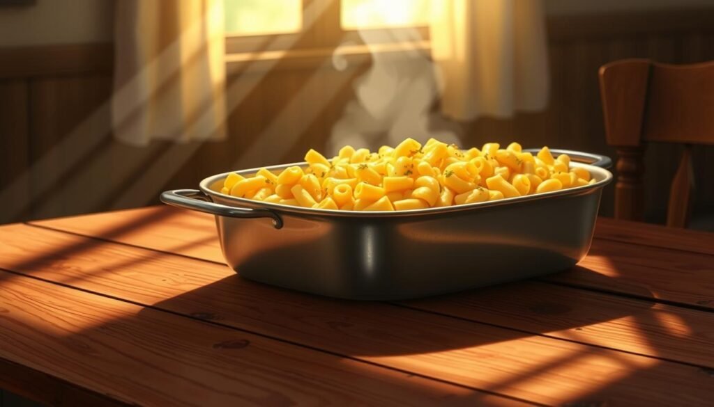 A stainless steel casserole dish filled with golden-brown, bubbly baked macaroni and cheese sits on a worn wooden table, illuminated by soft, warm lighting from a nearby window. Steam gently rises from the dish, hinting at the comforting, homemade aroma. The creamy cheese sauce has a slight crust on top, the pasta noodles cooked to a perfect al dente texture. Rays of light cast subtle shadows, adding depth and texture to the scene. The overall atmosphere evokes a sense of nostalgic, old-fashioned home cooking, ready to be reheated and savored. A stainless steel casserole dish filled with golden-brown, bubbly baked macaroni and cheese sits on a worn wooden table, illuminated by soft, warm lighting from a nearby window. Steam gently rises from the dish, hinting at the comforting, homemade aroma. The creamy cheese sauce has a slight crust on top, the pasta noodles cooked to a perfect al dente texture. Rays of light cast subtle shadows, adding depth and texture to the scene. The overall atmosphere evokes a sense of nostalgic, old-fashioned home cooking, ready to be reheated and savored.