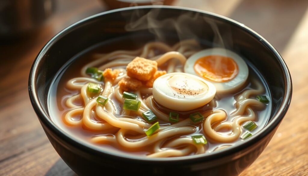 A steaming bowl of freshly made udon noodles, the thick, chewy strands glistening in the warm, natural lighting. The noodles are submerged in a clear, savory broth, garnished with delicate slices of green onion, crisp tempura bits, and a soft-boiled egg with a runny yolk. The overall scene exudes a sense of comfort and simplicity, perfectly capturing the essence of this traditional Japanese dish. The camera angle is slightly elevated, showcasing the depth and texture of the noodles, with a shallow depth of field to focus the viewer's attention on the main subject. The mood is tranquil and inviting, making the viewer eager to dive into this satisfying and delectable meal.