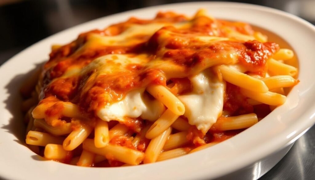 A steaming, freshly baked dish of ziti, its golden-brown crust glistening under the warm kitchen lighting. The pasta is generously layered with creamy ricotta cheese, melted mozzarella, and a rich, aromatic tomato sauce. The scene is captured from a slightly high angle, showcasing the dish's enticing layers and textures. Subtle shadows add depth, while the soft, diffused lighting creates a cozy, inviting atmosphere. The background is slightly blurred, allowing the viewer to focus on the mouthwatering details of the baked ziti. This image perfectly captures the delicious essence of Maggiano's signature dish, inviting the viewer to savor its comforting flavors. A steaming, freshly baked dish of ziti, its golden-brown crust glistening under the warm kitchen lighting. The pasta is generously layered with creamy ricotta cheese, melted mozzarella, and a rich, aromatic tomato sauce. The scene is captured from a slightly high angle, showcasing the dish's enticing layers and textures. Subtle shadows add depth, while the soft, diffused lighting creates a cozy, inviting atmosphere. The background is slightly blurred, allowing the viewer to focus on the mouthwatering details of the baked ziti. This image perfectly captures the delicious essence of Maggiano's signature dish, inviting the viewer to savor its comforting flavors.