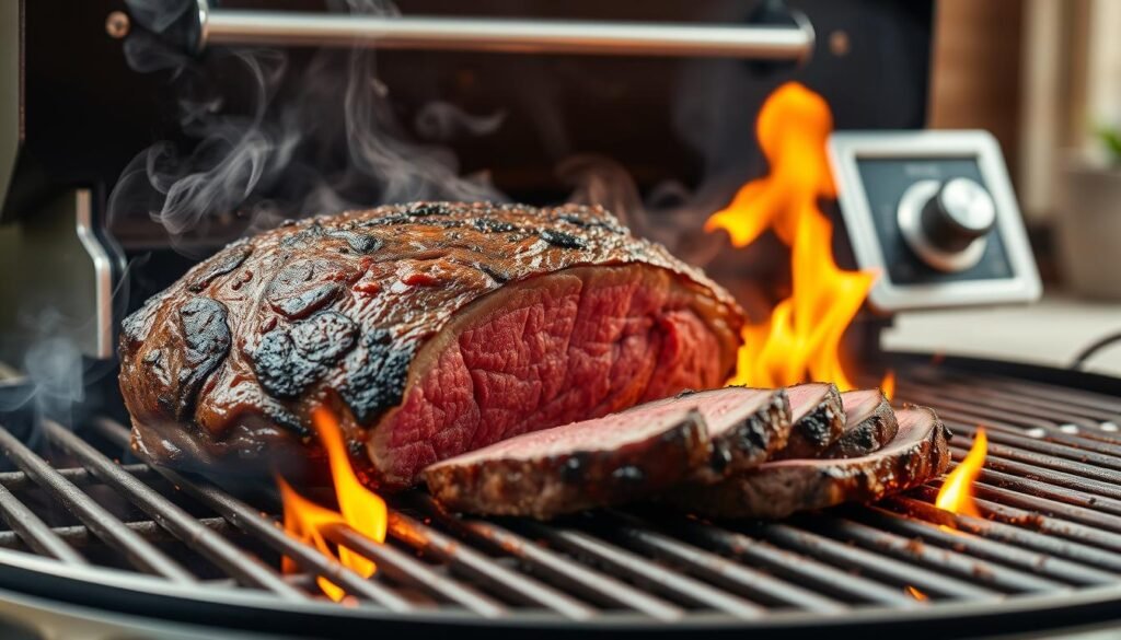 A succulent sirloin tip roast, expertly seared and cooked to perfection on a modern pellet grill. The roast glistens with a caramelized crust, surrounded by a halo of fragrant smoke. Vibrant flames lick the grates, casting a warm, rustic glow across the scene. In the foreground, the juicy, tender slices of beef beckon, ready to be savored. The middle ground showcases the pellet grill itself, its sleek stainless steel body and digital controls hinting at the precision and control the chef wields. In the background, a glimpse of a cozy outdoor setting, perhaps a patio or backyard, sets the stage for this mouthwatering culinary masterpiece.