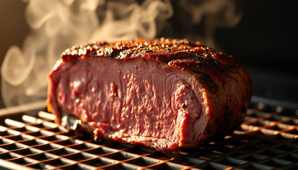 A succulent sirloin tip roast rests atop a pellet grill, its surface adorned with a delicate sear, bathed in a warm, golden glow. The roast is positioned at a slight angle, highlighting its tender, juicy interior. The grill's grates are visible, their intricate patterns casting subtle shadows across the meat. In the background, a blend of soft, diffused light and wispy smoke creates an inviting, rustic atmosphere, evoking the comforting aromas of a well-tended barbecue. The composition is framed from a slightly elevated perspective, capturing the roast in all its mouthwatering glory, ready to be savored as the centerpiece of an exceptional meal.
