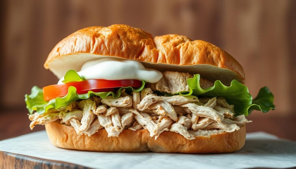A sumptuous Sumac Chicken Sandwich set against a warm, natural backdrop. In the foreground, thick-cut slices of tender, pull-apart sumac-rubbed chicken nestle between soft, toasted brioche buns. Crisp lettuce leaves, juicy tomato slices, and a dollop of tangy yogurt sauce complete the picture. The lighting is soft and diffused, casting a cozy, inviting glow. The camera angle is slightly elevated, showcasing the layers of flavors and textures in an artful, appetizing composition. An irresistible representation of the versatility of pulled sumac chicken, ready to inspire culinary creativity.