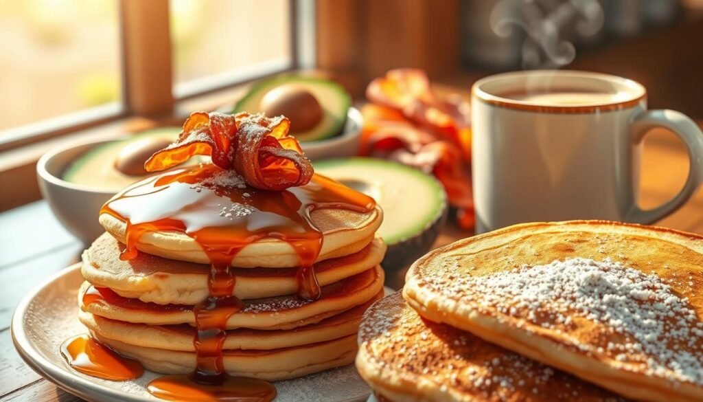 A sumptuous still life capturing a variety of delectable "AM" foods. In the foreground, a stack of fluffy, golden-brown pancakes, drizzled with rich maple syrup and dusted with powdered sugar. Beside them, a crisp, sizzling pile of bacon, its smoky aroma wafting through the air. In the middle ground, a freshly sliced avocado, its vibrant green flesh nestled in a white ceramic bowl, complemented by a sprinkling of sea salt. In the background, a steaming mug of aromatic, frothy cappuccino, the perfect accompaniment to this morning feast. The scene is bathed in warm, natural light, casting a cozy, inviting glow over the entire composition.