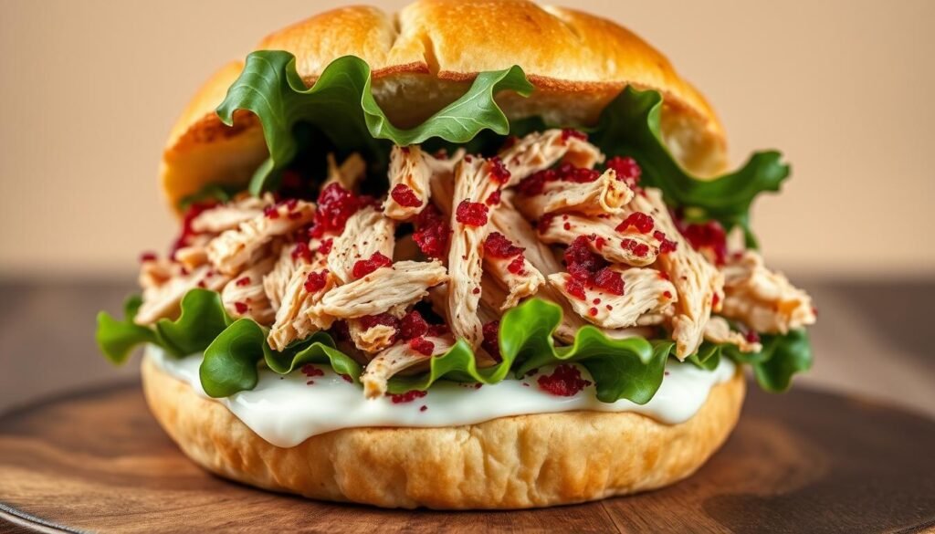 A sumptuous sumac chicken sandwich with shredded tender meat, nestled between soft, toasted brioche buns. The chicken is highlighted by a vibrant reddish-purple hue from the sumac spice, contrasting beautifully with the creamy white of the mayonnaise and the vibrant green of fresh leafy greens. The sandwich is presented in a clean, minimalist style, with a focus on the textures and colors of the ingredients. The lighting is soft and natural, creating a warm, appetizing atmosphere. The camera angle is slightly elevated, allowing the viewer to see the delectable details of the sandwich's construction. The background is a simple, neutral tone, placing all the emphasis on the star of the scene - the mouthwatering sumac chicken sandwich.