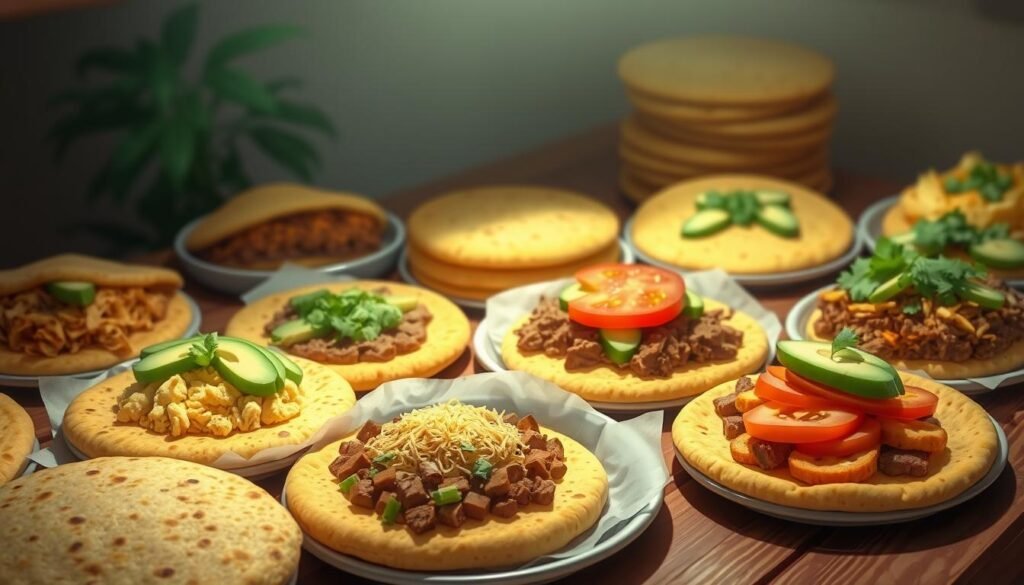 A table laden with a variety of Venezuelan arepas, each a unique and delectable creation. Crisp, golden cornmeal patties, some stuffed with savory fillings like shredded beef, chicken, or cheese, others topped with fresh avocado, tomato, and cilantro. The arepas are arranged in a visually appealing manner, showcasing their diverse shapes, textures, and sizes. Soft, diffused lighting illuminates the scene, casting a warm, inviting glow. The background is blurred, allowing the arepas to take center stage. The overall atmosphere is one of authentic, traditional Venezuelan cuisine, presenting these iconic corn cakes in all their mouthwatering glory. A table laden with a variety of Venezuelan arepas, each a unique and delectable creation. Crisp, golden cornmeal patties, some stuffed with savory fillings like shredded beef, chicken, or cheese, others topped with fresh avocado, tomato, and cilantro. The arepas are arranged in a visually appealing manner, showcasing their diverse shapes, textures, and sizes. Soft, diffused lighting illuminates the scene, casting a warm, inviting glow. The background is blurred, allowing the arepas to take center stage. The overall atmosphere is one of authentic, traditional Venezuelan cuisine, presenting these iconic corn cakes in all their mouthwatering glory.