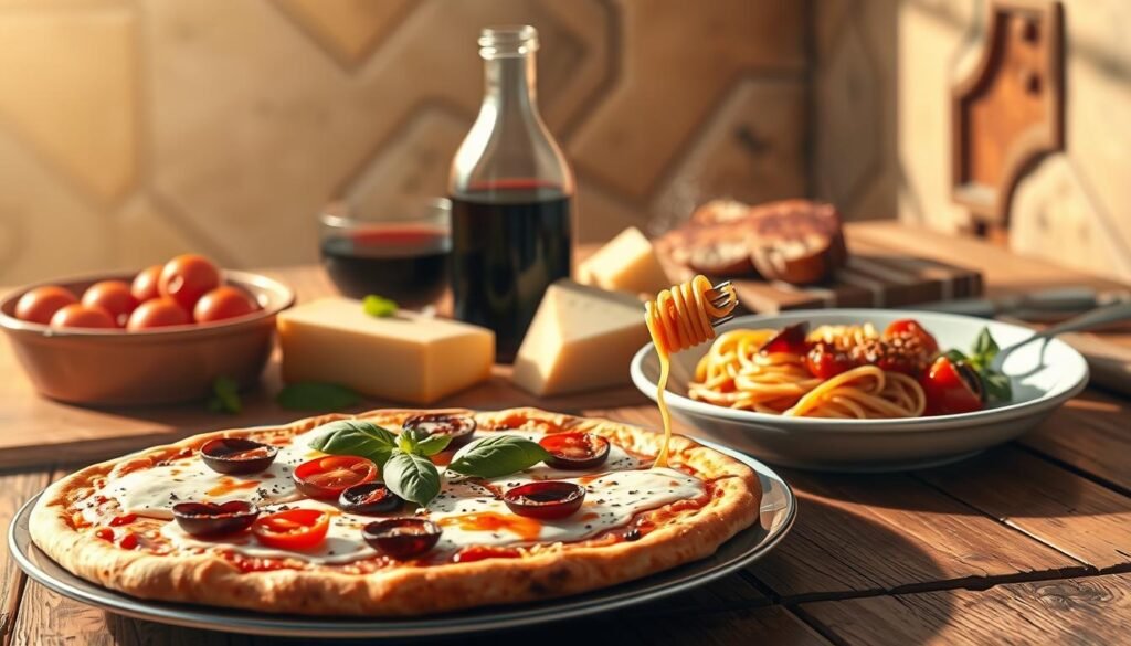 A tantalizing array of iconic Italian foods arranged on a rustic wooden table, bathed in warm, natural light. In the foreground, a platter showcases freshly baked Italian pizza, topped with bubbling mozzarella, sun-dried tomatoes, and fragrant basil leaves. Beside it, a plate of steaming, al dente pasta twirls around a fork, coated in a rich, tomato-based sauce. In the middle ground, a glass carafe of deep red Italian wine stands tall, complemented by a wedge of creamy, tangy Parmesan cheese. In the background, a backdrop of earthy, neutral tones evokes the rustic charm of an Italian cucina. The scene exudes the inviting aromas and mouthwatering flavors of Italy's most beloved culinary delights.
