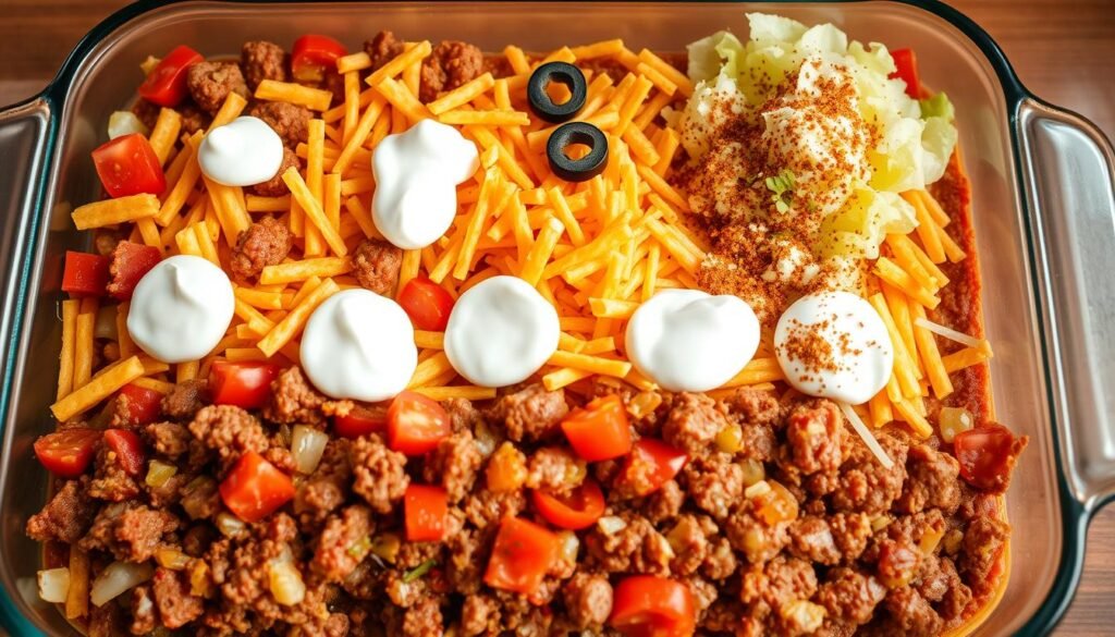 A top-down view of a large glass baking dish filled with a layered Mexican white trash casserole. The foreground features a generous portion of ground beef, chopped onions, and canned diced tomatoes. The middle layer showcases shredded cheddar cheese, crumbled Doritos, and dollops of sour cream. In the background, a scatter of shredded lettuce, sliced black olives, and a sprinkle of taco seasoning completes the scene. The lighting is soft and warm, creating a homey, comforting atmosphere. The image captures the key ingredient proportions and overall appearance of a classic Mexican white trash casserole.