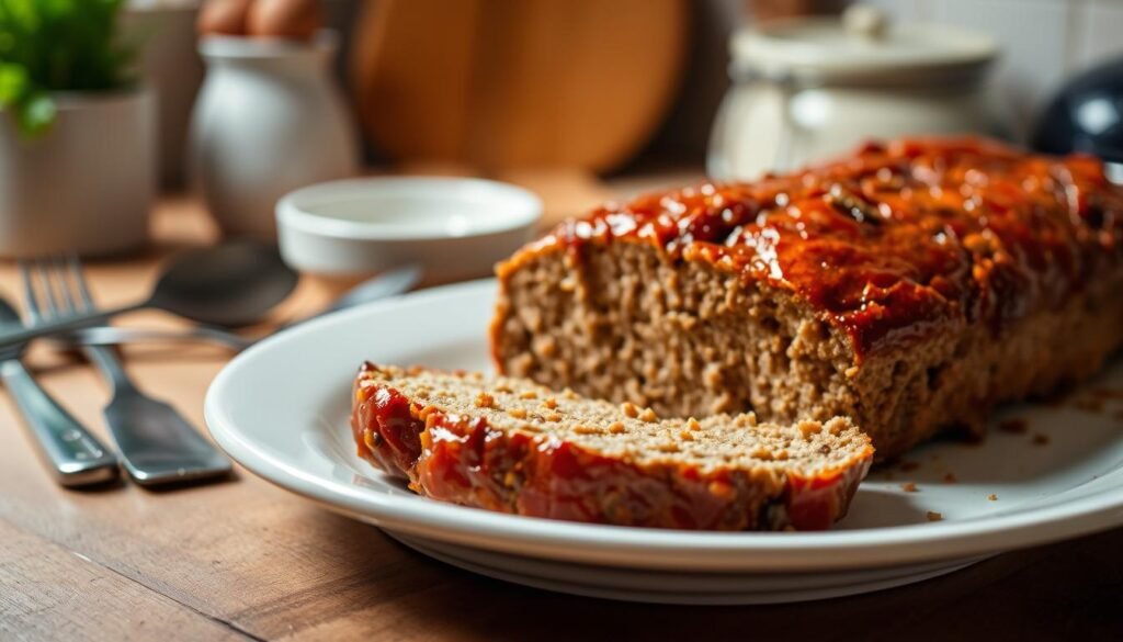 A tray of freshly baked meatloaf, its golden-brown crust glistening under the warm, soft lighting of a cozy kitchen. The savory aroma wafts through the air, inviting you to dive in. In the foreground, a slice of the meatloaf is carefully arranged, revealing its tender, juicy interior. Surrounding the dish, a few simple kitchen utensils and a clean, white plate create a minimalist, yet inviting composition. The background is slightly blurred, allowing the focus to remain on the star of the show - the delectable meatloaf, ready to be savored and enjoyed as a leftover meal.