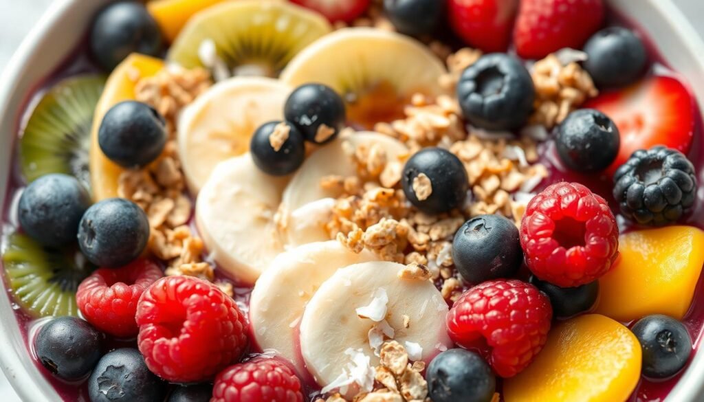 A vibrant and appetizing arrangement of açaí bowl toppings, captured in natural light with a soft, diffused focus. In the foreground, a variety of fresh berries, such as blueberries, raspberries, and blackberries, are scattered across the bowl's surface. In the middle ground, slices of banana, kiwi, and mango provide a medley of tropical flavors. Sprinkled throughout, a generous dusting of shredded coconut, granola, and a drizzle of honey add texture and sweetness. The overall composition is visually balanced, with a seamless integration of colors, textures, and shapes, creating an inviting and authentic Brazilian açaí bowl experience.