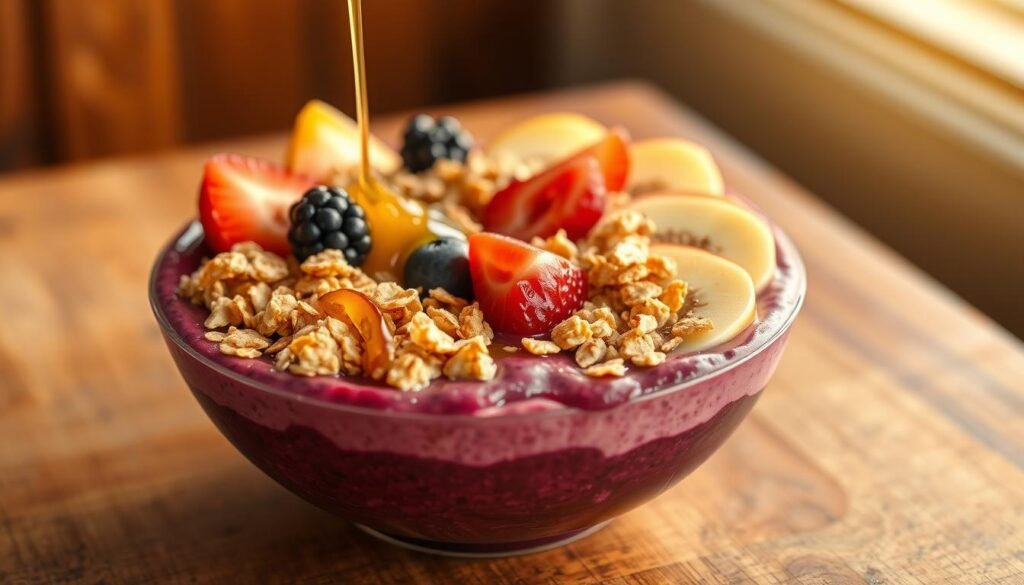A vibrant arrangement of freshly sliced fruits, crisp granola, and glistening drizzles of honey, meticulously placed atop a creamy, deep purple açaí purée. The foreground showcases the textural contrast of the bowl's contents, while the middle ground features a wooden table surface with a rustic, earthy tone. The background softly blurs, allowing the focus to remain on the enticing array of toppings that embody the essence of a traditional Brazilian açaí bowl. Warm, natural lighting casts a golden glow, creating an inviting and appetizing atmosphere.