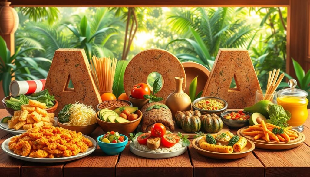 A vibrant array of international foods, each starting with the letter A, is artfully arranged on a rustic wooden table. In the foreground, an assortment of appetizing dishes: aromatic aloo gobi, steaming aguachile, and authentic arepas. The middle ground showcases a diverse selection, including avocado toast, aloo tikki, and assorted Asian delicacies. In the background, a vibrant backdrop of lush greenery and warm, natural lighting creates a welcoming, global atmosphere. The overall composition evokes a sense of culinary exploration, celebrating the rich diversity of flavors and traditions from around the world.