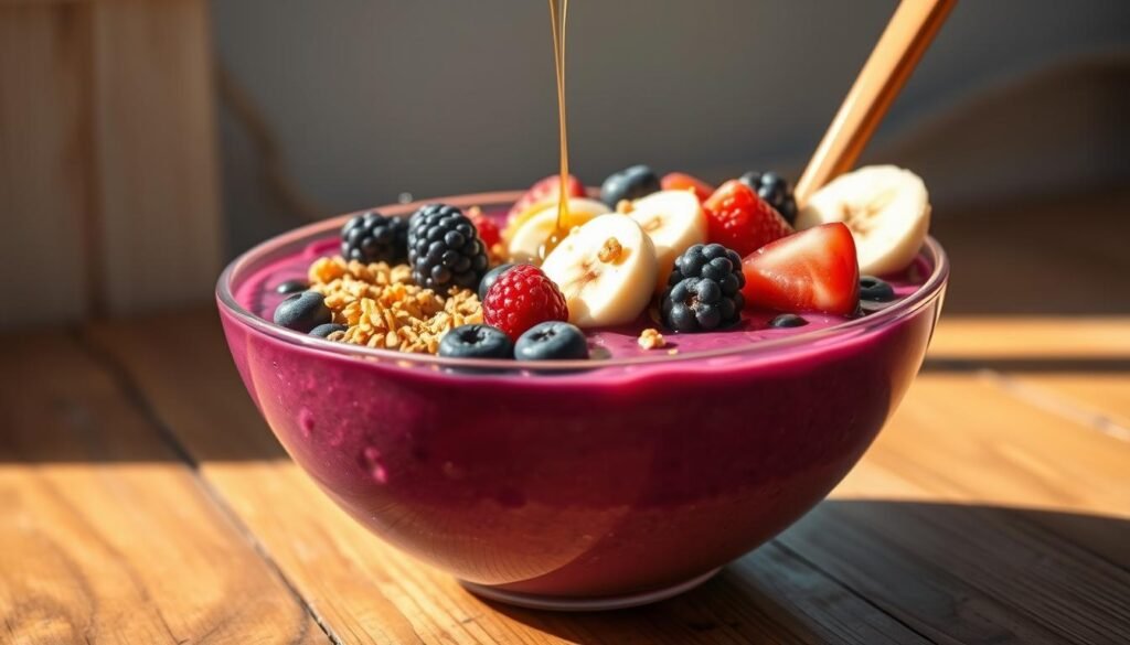 A vibrant, close-up illustration of a colorful, freshly-made açaí bowl. The foreground features a large, glossy bowl filled with a deep purple purée, topped with an array of fresh berries, sliced bananas, toasted granola, and a drizzle of honey. The middle ground showcases the bowl's natural texture and the subtle shadows cast by the ingredients. The background gently fades into a soft, blurred focus, highlighting the bowl's placement on a rustic wooden surface. The lighting is natural and warm, creating a tantalizing, appetizing atmosphere. The overall composition emphasizes the bowl's health benefits, vibrant colors, and artisanal presentation.