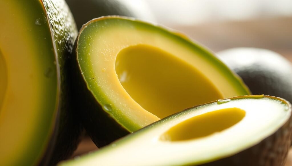 A vibrant, closeup shot of a ripe, creamy avocado half, the flesh glistening with a subtle sheen under soft, natural lighting. The avocado's skin is a deep, lush green, contrasting beautifully with the pale, buttery interior. The image is framed to highlight the avocado's smooth, velvety texture, inviting the viewer to reach out and touch it. The background is softly blurred, allowing the avocado to take center stage as the star of the scene. The overall mood is one of warmth, nourishment, and the celebration of this humble, yet nutritious superfood.