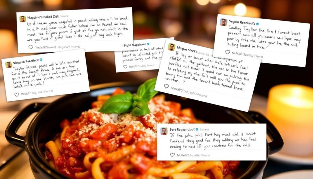 A vibrant collage showcasing customer reviews for the beloved Taylor Street Baked Ziti dish from Maggiano's. In the foreground, handwritten notes and digital screenshots from delighted patrons praise the dish's perfect blend of flavors, rich tomato sauce, and tender pasta. Transitioning to the middle ground, a mouthwatering image of the dish itself, garnished with fresh basil and grated parmesan, captures the comforting essence of this classic Italian comfort food. In the background, a soft, warm-toned ambiance evokes the cozy, inviting atmosphere of the Maggiano's restaurant, setting the stage for an exceptional dining experience.