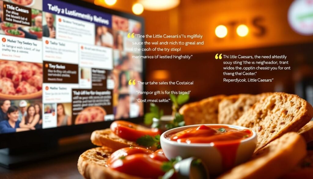 A vibrant display of customer reviews for Little Caesars' tantalizing marinara sauce. In the foreground, a collage of digital reviews projected on a sleek, modern interface, each one a glowing testament to the sauce's rich, flavorful allure. In the middle ground, an arrangement of savory dipping bread and fresh herbs, inviting the viewer to indulge. The background is bathed in a warm, golden light, evoking the cozy, satisfying atmosphere of a neighborhood pizza joint. The overall composition exudes a sense of authentic, grassroots feedback, capturing the genuine delight and appreciation of satisfied customers. A vibrant display of customer reviews for Little Caesars' tantalizing marinara sauce. In the foreground, a collage of digital reviews projected on a sleek, modern interface, each one a glowing testament to the sauce's rich, flavorful allure. In the middle ground, an arrangement of savory dipping bread and fresh herbs, inviting the viewer to indulge. The background is bathed in a warm, golden light, evoking the cozy, satisfying atmosphere of a neighborhood pizza joint. The overall composition exudes a sense of authentic, grassroots feedback, capturing the genuine delight and appreciation of satisfied customers.