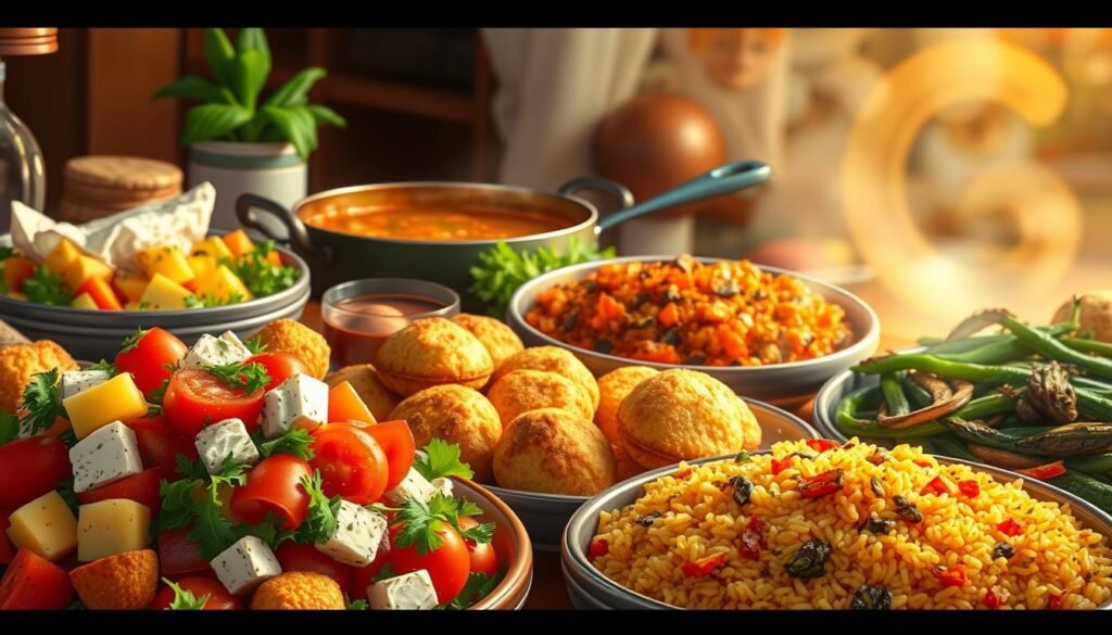 A vibrant global culinary spread, showcasing a variety of dishes featuring foods that start with the letter G. In the foreground, a sumptuous Greek salad overflows with juicy tomatoes, crisp cucumbers, and tangy feta. Beside it, golden-fried gougères ooze with melted cheese. In the middle ground, a hearty Irish stew simmers, its rich broth infused with the earthy flavors of garlic and ginger. Further back, a magnificent Ghanaian jollof rice dish radiates with vibrant hues, surrounded by grilled plantains and a colorful array of sautéed greens. Soft, warm lighting illuminates the scene, creating a cozy, inviting atmosphere. The overall composition evokes a sense of culinary diversity and global unity through the shared appreciation of delicious foods that begin with the letter G.