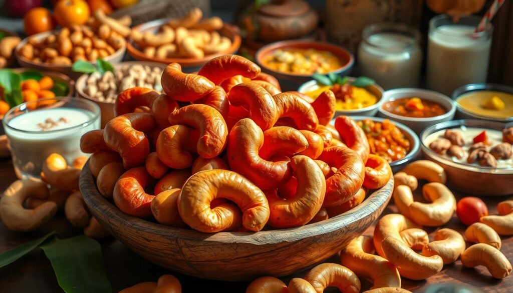 A vibrant still life featuring an array of tropical cashew fruits, their lush red-orange hues and curved shapes arranged in a rustic wooden bowl. In the background, a colorful assortment of cashew-based dishes and desserts, from savory curries to creamy cashew milk, all showcasing the versatility and culinary potential of this unique fruit. The lighting is soft and natural, accentuating the textural details and creating a warm, inviting atmosphere. The overall composition conveys a sense of abundance and celebration of the cashew fruit's cultural significance. A vibrant still life featuring an array of tropical cashew fruits, their lush red-orange hues and curved shapes arranged in a rustic wooden bowl. In the background, a colorful assortment of cashew-based dishes and desserts, from savory curries to creamy cashew milk, all showcasing the versatility and culinary potential of this unique fruit. The lighting is soft and natural, accentuating the textural details and creating a warm, inviting atmosphere. The overall composition conveys a sense of abundance and celebration of the cashew fruit's cultural significance.