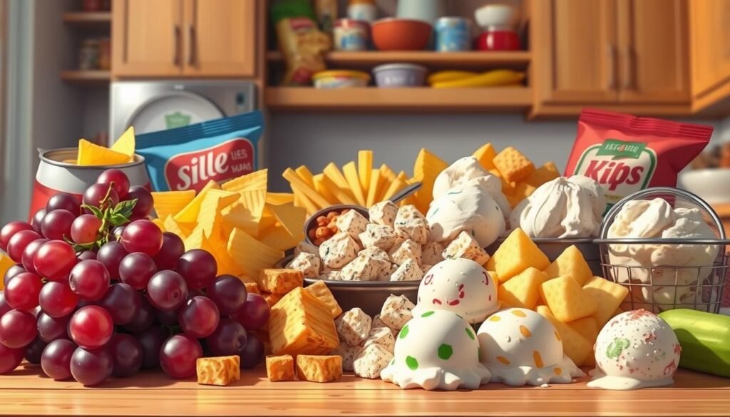 A vibrant still life of delectable snacks that start with the letter "I". In the foreground, an array of irresistible items - plump, juicy Italian grapes, crunchy Idaho potato chips, and savory international cheese curds. The middle ground features a scattering of indulgent ice cream scoops in an assortment of flavors like Irish cream and Italian ice. In the background, a warm, softly lit kitchen counter sets the scene, with hints of an open pantry revealing additional intriguing ingredients. The overall composition exudes a tantalizing, mouthwatering atmosphere, capturing the essence of "Irresistible Snacks That Start With I".