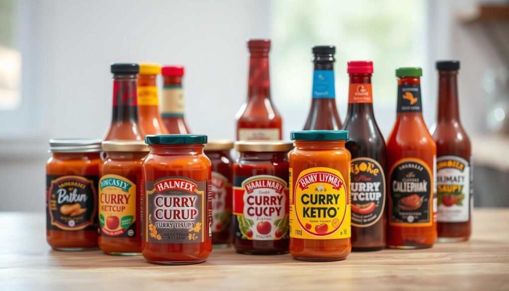 A vibrant still life of several jars and bottles of various curry ketchup brands, arranged on a wooden table with a soft, natural lighting. The jars are neatly organized, showcasing a range of different labels, colors, and textures. The foreground features the most prominent curry ketchup products, while the background gently blurs to emphasize the focus on the main items. The overall mood is one of culinary exploration and discovery, inviting the viewer to imagine the flavorful possibilities these curry ketchup options could bring to their meals. A vibrant still life of several jars and bottles of various curry ketchup brands, arranged on a wooden table with a soft, natural lighting. The jars are neatly organized, showcasing a range of different labels, colors, and textures. The foreground features the most prominent curry ketchup products, while the background gently blurs to emphasize the focus on the main items. The overall mood is one of culinary exploration and discovery, inviting the viewer to imagine the flavorful possibilities these curry ketchup options could bring to their meals.