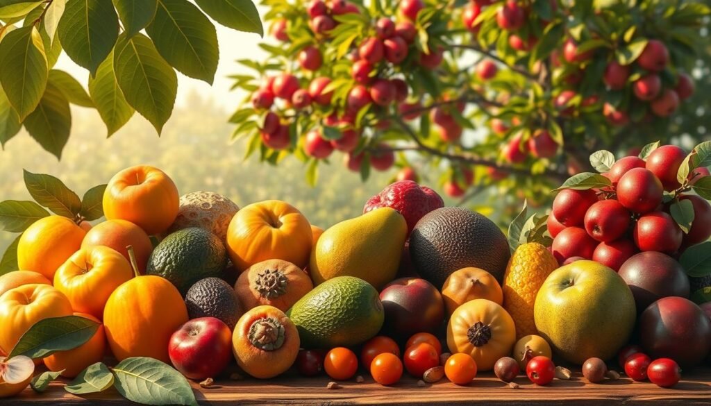 A vibrant still life showcasing a bountiful assortment of fruits that start with the letter "A". In the foreground, a lush display of golden apples, juicy apricots, and tantalizing avocados, arranged with care against a backdrop of elegant, mottled leaves. The middle ground features a scattering of aromatic ackee and alluring amla, their rich hues complementing the warm, natural lighting that bathes the scene. In the distance, a glimpse of a flourishing apple tree, its branches heavy with crimson fruit, creates a sense of abundance and tranquility. The overall composition radiates a sense of harmony and celebration of nature's vibrant, A-list offerings.