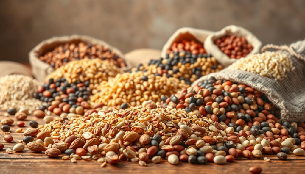 A vibrant still life showcasing a diverse array of grains and legumes in a warm, natural setting. In the foreground, a scattering of almonds, amaranth, and adzuki beans, their textures and hues contrasting against the smooth wooden surface. In the middle ground, heaps of aromatic basmati rice, black-eyed peas, and chickpeas spill from burlap sacks, their earthy tones complementing the muted tones of the background. Overhead, soft, natural lighting casts a gentle glow, accentuating the organic shapes and colors of the ingredients. The overall composition evokes a sense of wholesome abundance, inviting the viewer to explore the versatility and nutritional benefits of this curated selection of grains and legumes.