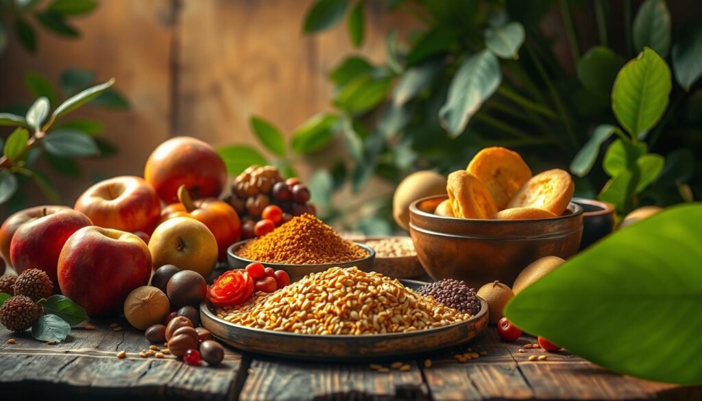 A vibrant still life showcasing an array of exotic "AM" foods, arranged artfully on a rustic wooden table. In the foreground, a colorful assortment of ambrosia apples, amla fruits, and amaranth grains, illuminated by soft, natural lighting. In the middle ground, a platter of aromatic amchur powder and a steaming bowl of amaretti cookies. The background features lush, verdant leaves of ama-alu and ambadi, creating a lush, botanical backdrop. The composition evokes a sense of global culinary exploration, with each ingredient offering a unique taste and cultural significance. The lighting is warm and inviting, casting a golden glow that enhances the natural textures and vibrant hues of the exotic "AM" delicacies.