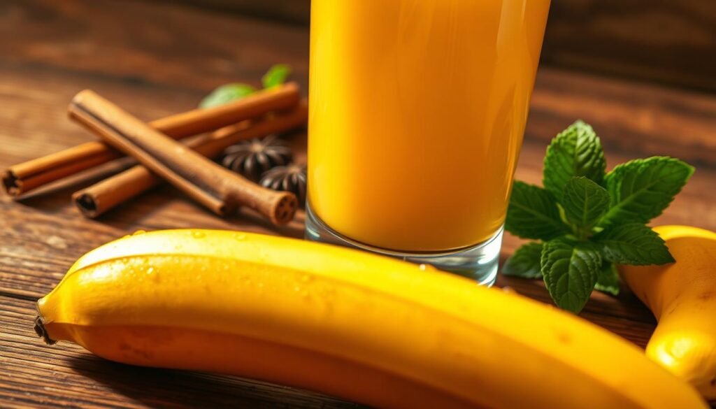 A vibrant, well-lit close-up shot of a glass filled with a smooth, golden-hued banana juice. Droplets of condensation cling to the glass, reflecting the warm lighting. In the foreground, a few whole ripe bananas, their yellow peels glistening, lay on a wooden surface. In the background, a selection of spices and herbs - cinnamon sticks, vanilla beans, and fresh mint leaves - are arranged neatly, hinting at the flavors being infused into the juice. The overall mood is one of inviting, natural freshness, capturing the essence of enhancing the pure banana taste. A vibrant, well-lit close-up shot of a glass filled with a smooth, golden-hued banana juice. Droplets of condensation cling to the glass, reflecting the warm lighting. In the foreground, a few whole ripe bananas, their yellow peels glistening, lay on a wooden surface. In the background, a selection of spices and herbs - cinnamon sticks, vanilla beans, and fresh mint leaves - are arranged neatly, hinting at the flavors being infused into the juice. The overall mood is one of inviting, natural freshness, capturing the essence of enhancing the pure banana taste.