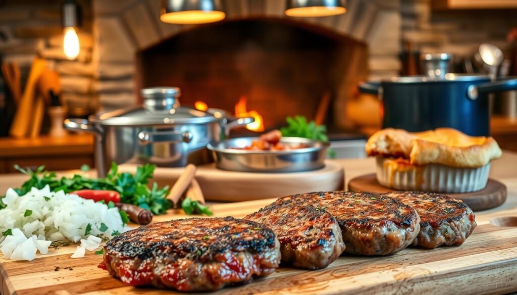 A warm, cozy kitchen scene showcasing various leftover lamb recipes. In the foreground, a wooden cutting board displays perfectly seared lamb patties, their juices glistening. Surrounding them, a variety of ingredients like diced onions, fresh herbs, and aromatic spices. In the middle ground, a simmering pot emits the enticing aroma of a hearty lamb stew, while a flaky, golden-brown lamb pot pie sits on the counter, ready to be savored. The background features a rustic stone fireplace, casting a soft, inviting glow across the scene. Overhead, pendant lights illuminate the space, creating a welcoming atmosphere for this delectable display of creative lamb leftovers.