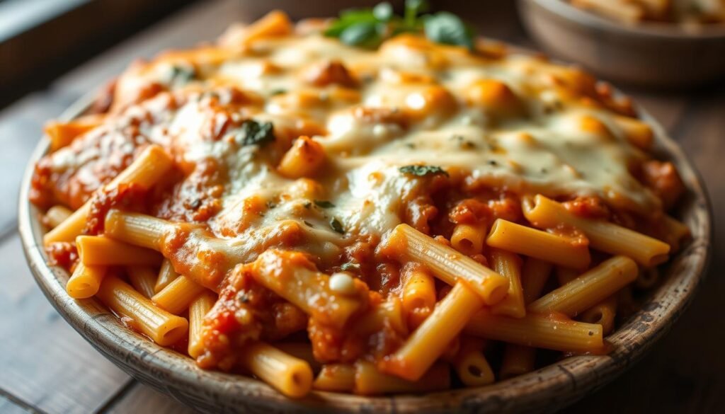 A warm, inviting close-up of a freshly baked Taylor Street-style ziti casserole. The dish is presented on a rustic wooden table, with a soft, indirect lighting highlighting the bubbly, golden-brown cheese topping and the rich, tomatoey sauce peeking through the layers of al dente pasta. The ziti noodles are arranged in a visually appealing pattern, creating an artful, homemade aesthetic. The overall mood is cozy and comforting, evoking the feeling of a hearty, family-style Italian meal. The image has a shallow depth of field, keeping the ziti in sharp focus while softening the background elements. A warm, inviting close-up of a freshly baked Taylor Street-style ziti casserole. The dish is presented on a rustic wooden table, with a soft, indirect lighting highlighting the bubbly, golden-brown cheese topping and the rich, tomatoey sauce peeking through the layers of al dente pasta. The ziti noodles are arranged in a visually appealing pattern, creating an artful, homemade aesthetic. The overall mood is cozy and comforting, evoking the feeling of a hearty, family-style Italian meal. The image has a shallow depth of field, keeping the ziti in sharp focus while softening the background elements.