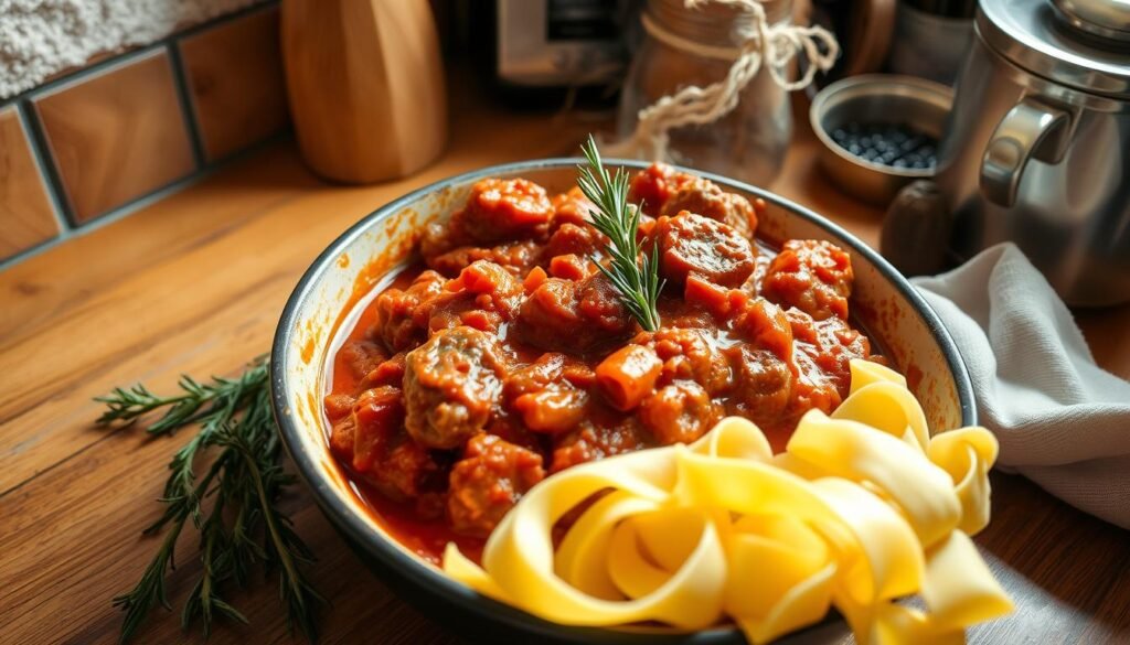 A warm, rustic kitchen counter with a steaming bowl of freshly reheated lamb ragu d'Abruzzo, garnished with fresh rosemary sprigs. The ragu has a rich, glossy texture, with the aroma of simmered tomatoes, garlic, and red wine filling the air. Soft, pillowy homemade pasta, such as pappardelle or tagliatelle, sits alongside the ragu, ready to be dressed. The lighting is soft and inviting, casting a cozy glow over the scene. The overall mood is one of comforting, homemade satisfaction, perfectly capturing the essence of storing and reheating this beloved regional Italian dish.
