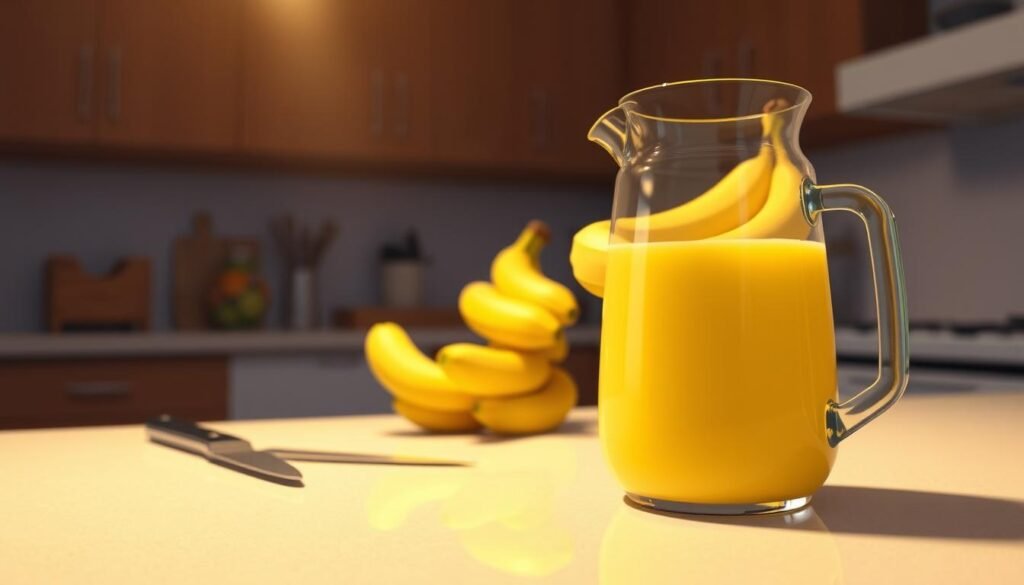 A well-lit kitchen counter, the surface meticulously clean. On it, a stack of ripe yellow bananas, their curved forms glistening under warm overhead lighting. A sharp knife lies nearby, its steel blade reflecting the scene. In the foreground, a large glass juicing pitcher awaits, ready to receive the freshly extracted banana nectar. The overall atmosphere is one of focused preparation, the stage set for a delightful, healthy beverage. A well-lit kitchen counter, the surface meticulously clean. On it, a stack of ripe yellow bananas, their curved forms glistening under warm overhead lighting. A sharp knife lies nearby, its steel blade reflecting the scene. In the foreground, a large glass juicing pitcher awaits, ready to receive the freshly extracted banana nectar. The overall atmosphere is one of focused preparation, the stage set for a delightful, healthy beverage.